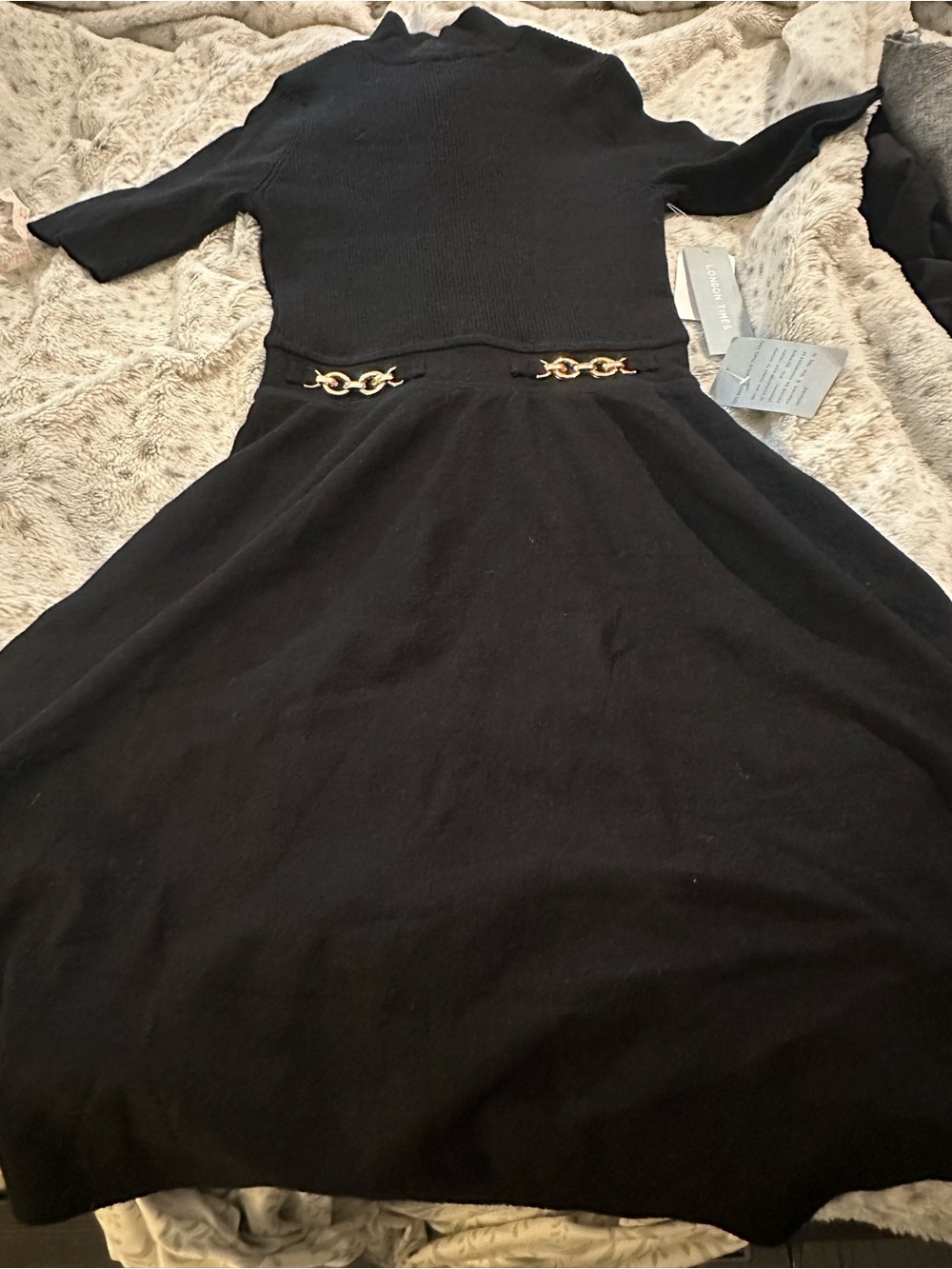 NWT London Times Black Knit Fit-and-Flare Midi Dress with Gold Chain Accents